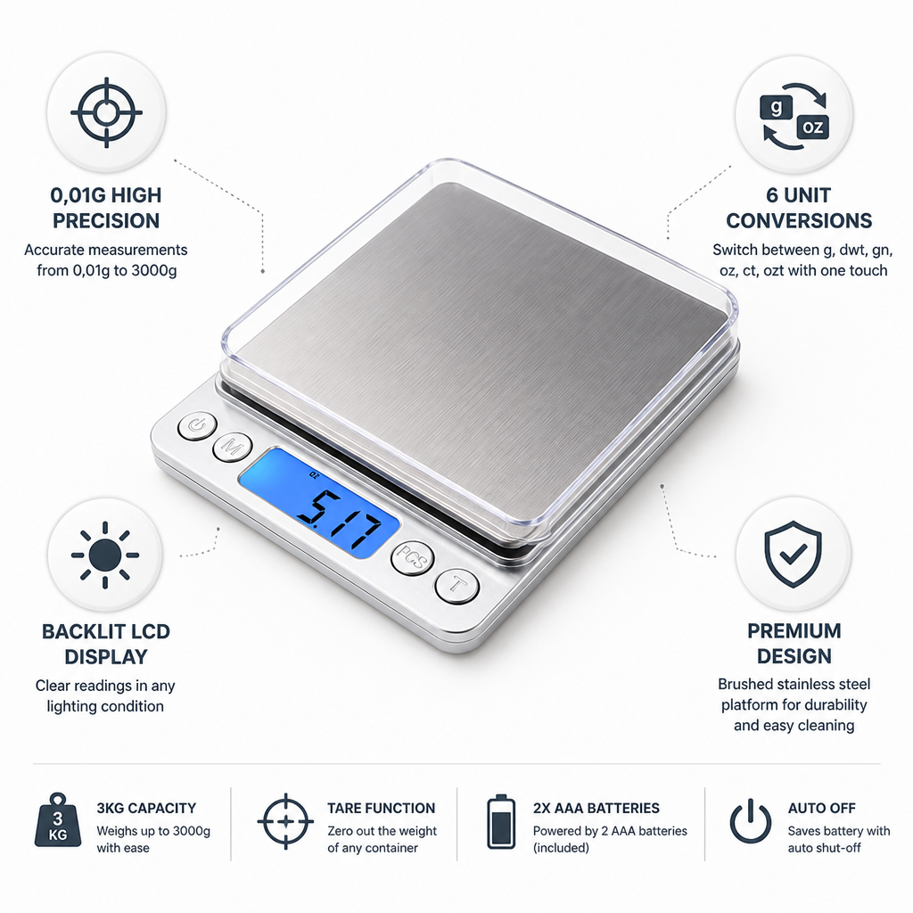 Balance de cuisine numérique de précision 0,01 g – 3 kg
