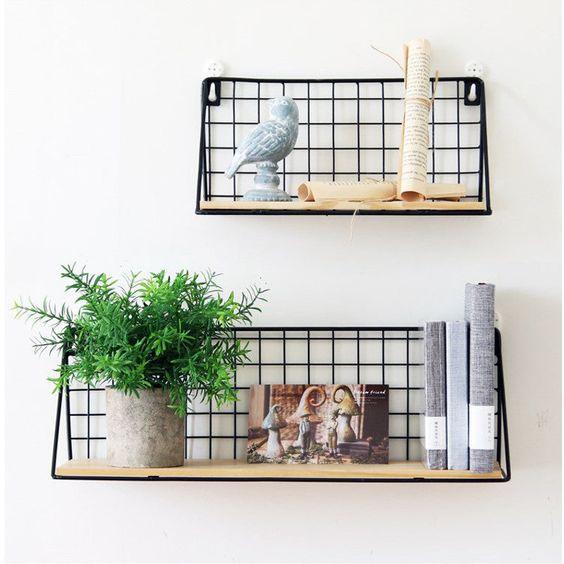 Étagère murale moderne | Présentoir en bois avec grille en métal noir