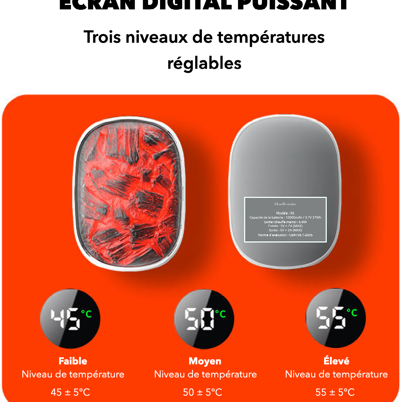 Chauffe main léger et rechargeable, aspect flamme avec chauffe rapide - 3 niveaux, chargeur USB-C, batterie externe de 2000 mAh lithium