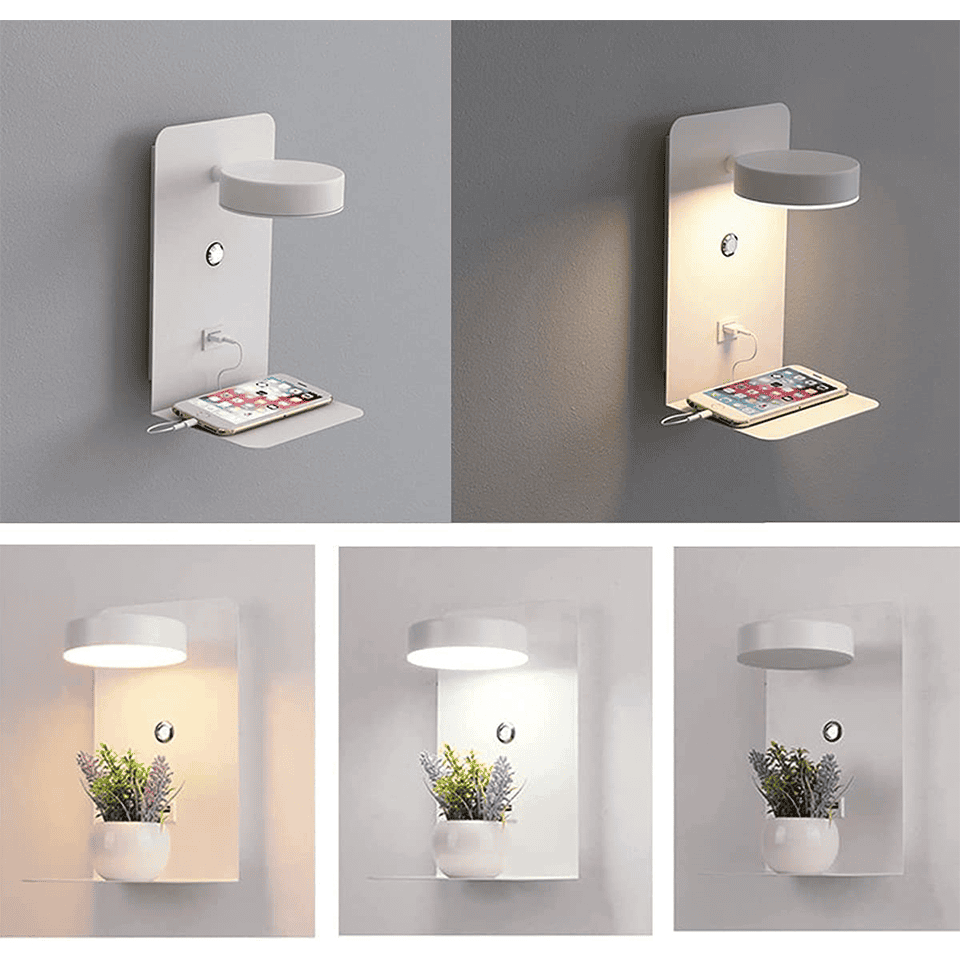 Applique murale moderne | Lampe de chevet LED avec étagère de chargement USB