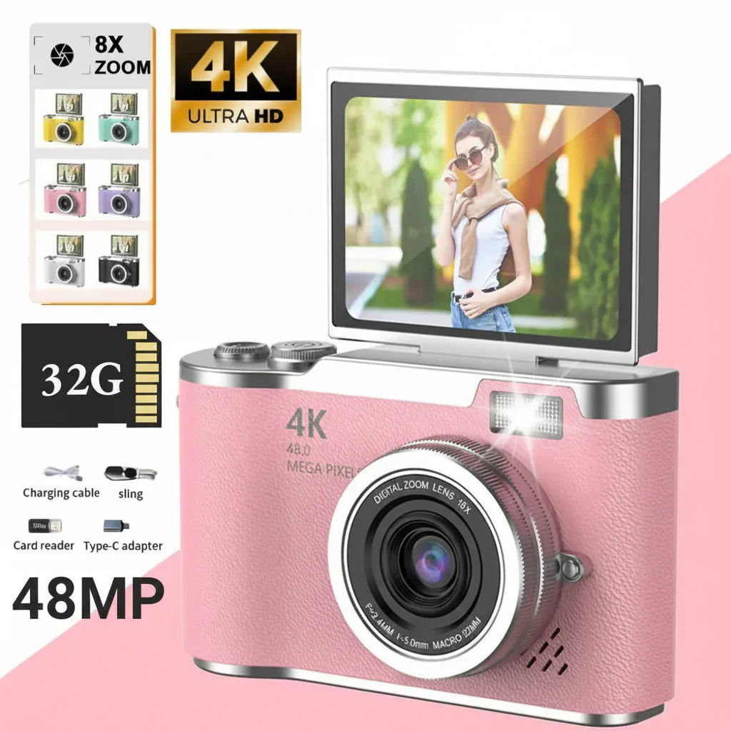 Appareil photo numérique 4K avec écran articulé, 48 MP, zoom optique 8x, compact pour photos et vidéos