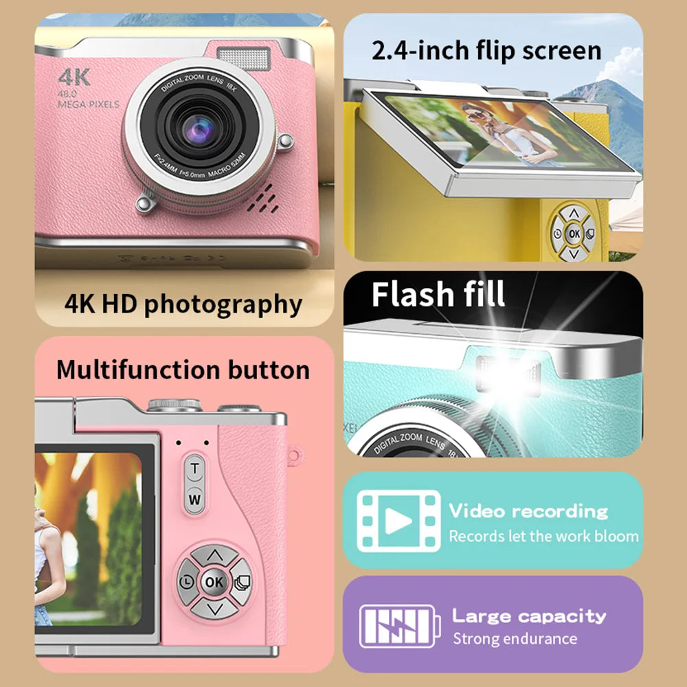 Appareil photo numérique 4K avec écran articulé, 48 MP, zoom optique 8x, compact pour photos et vidéos