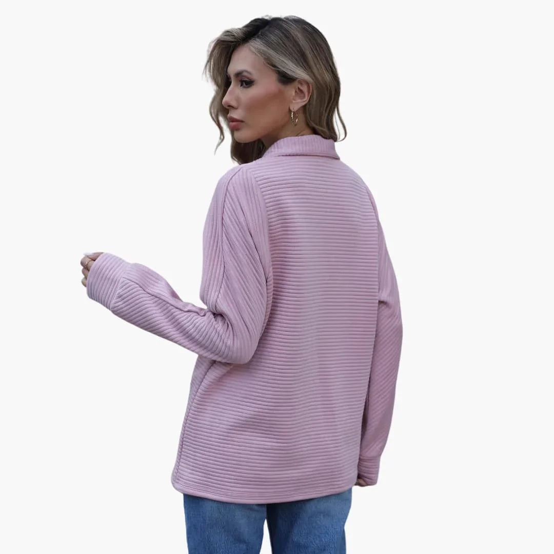 Pull Femme Demi-Zip Texture Côtelée, Coupe Ample