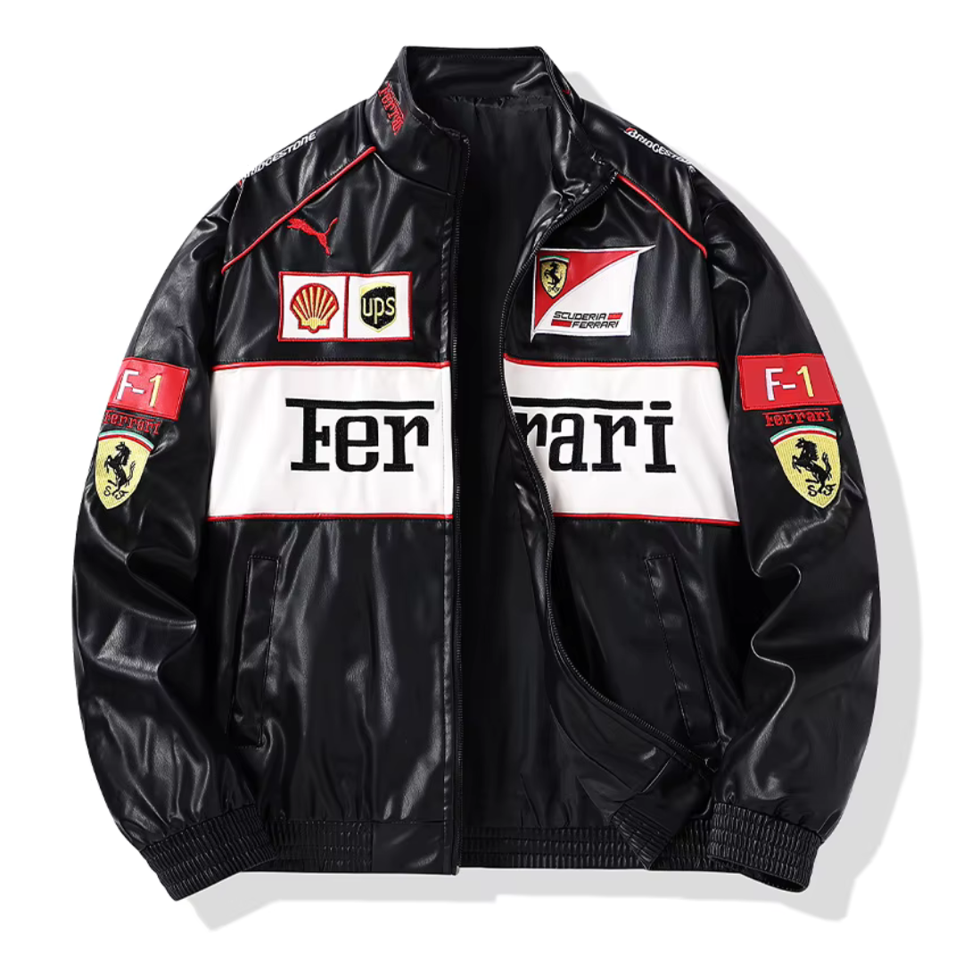 Veste de course Ferrari Vintage en cuir – Unisexe – Rétro (oversize)