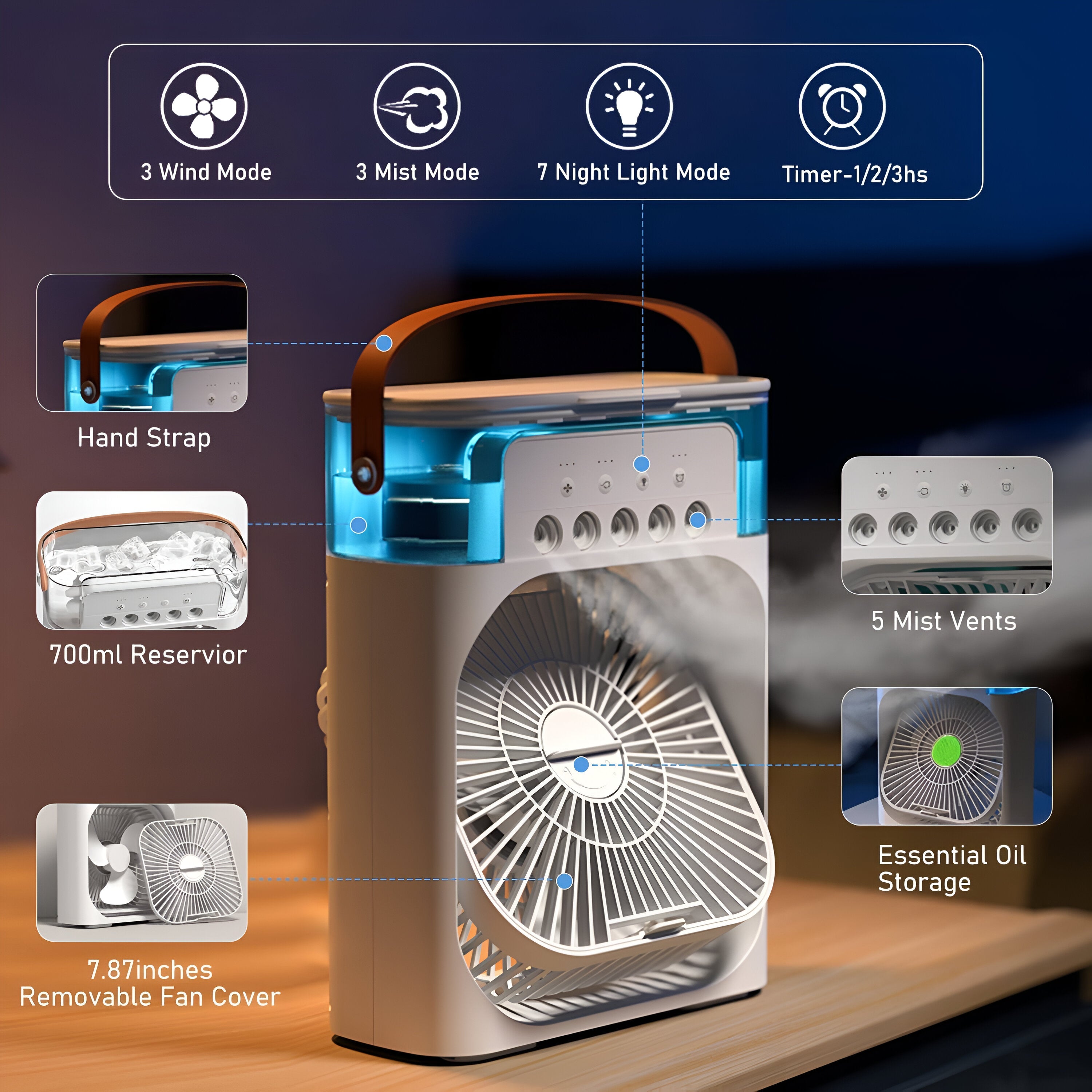 Refroidisseur d'air et humidificateur 3-en-1 avec éclairage LED