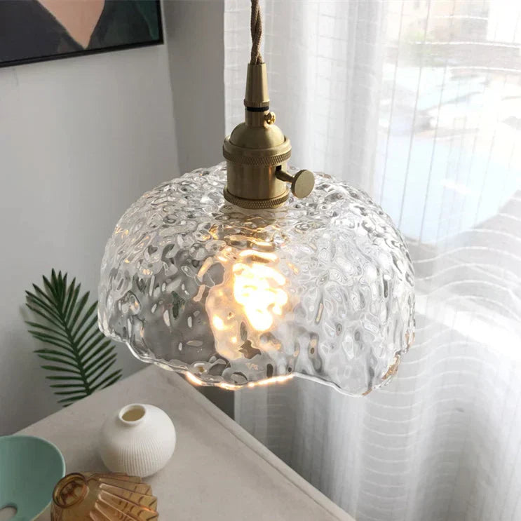 Lampe suspendue en verre vert | Luminaire en laiton ondulé