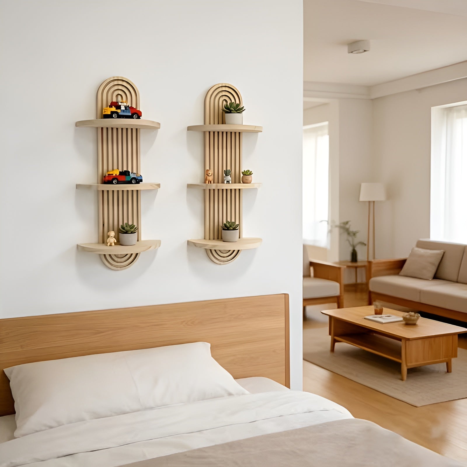 Étagère murale de style bohème en bois massif – Plusieurs niveaux, gain de place | Pour le salon, la chambre et le couloir
