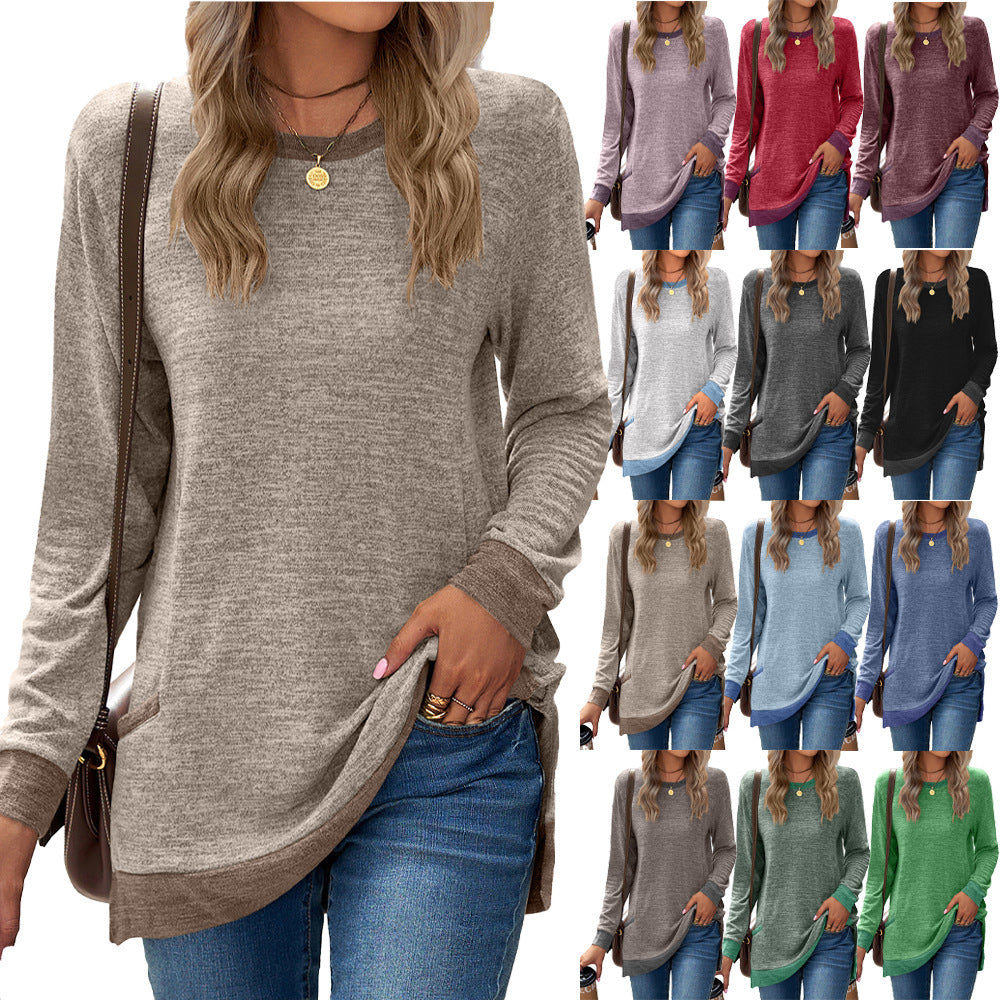 Pull doux et décontracté à manches longues pour femmes, tunique à col rond, tricot en coton et cachemire, haut mi-long avec poches pour tenue décontractée
