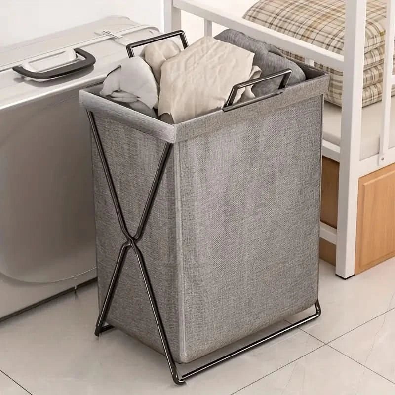 Panier à linge pliable avec cadre métallique et sac de rangement en tissu tissé