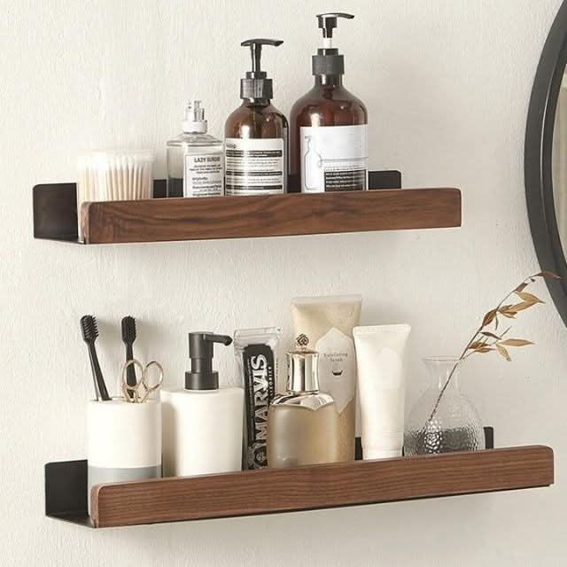 Étagère murale de salle de bain en bois massif sans perçage