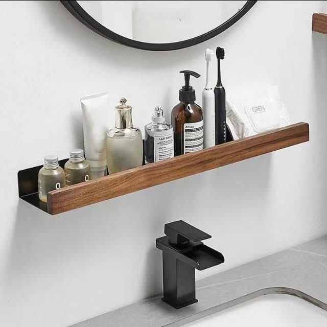 Étagère murale de salle de bain en bois massif sans perçage
