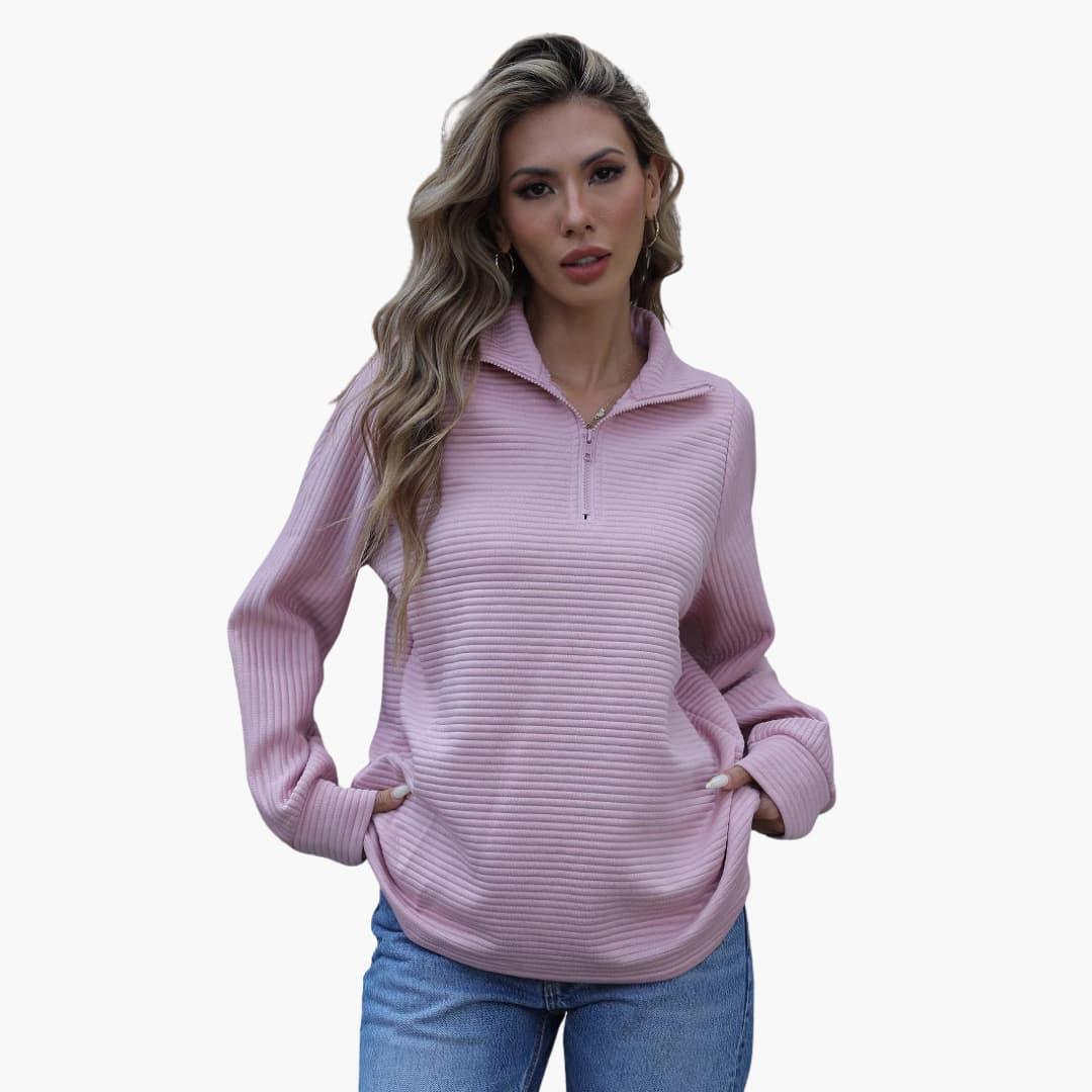 Pull Femme Demi-Zip Texture Côtelée, Coupe Ample