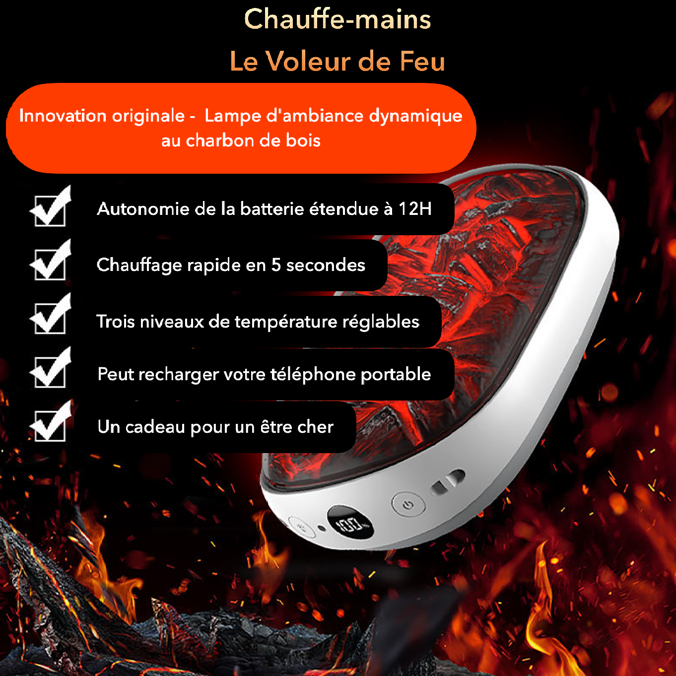 Chauffe main léger et rechargeable, aspect flamme avec chauffe rapide - 3 niveaux, chargeur USB-C, batterie externe de 2000 mAh lithium