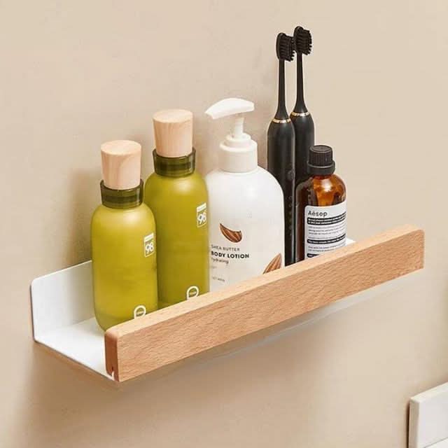 Étagère murale de salle de bain en bois massif sans perçage