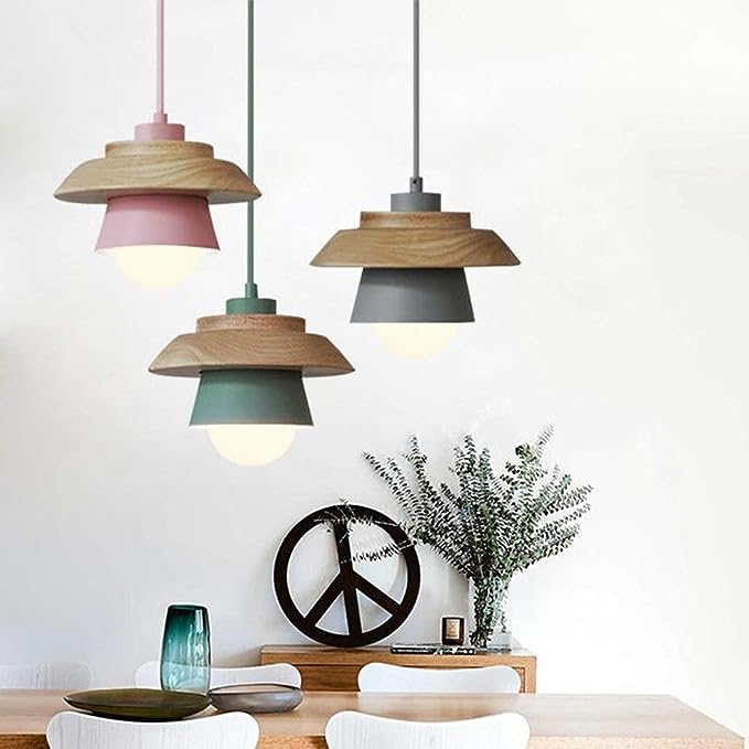 Lampe suspendue Bois Aluminium Scandinave Noir Rose Vert Gris Blanc E27 Salon Salle à manger | Sansotis