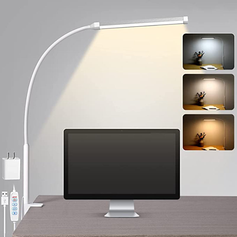 Lampe de bureau LED – Lampe de bureau respectueuse des yeux avec pince, bras pivotant flexible, 3 modes, 10 niveaux de luminosité, adaptateur USB
