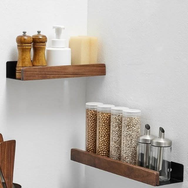 Étagère murale de salle de bain en bois massif sans perçage