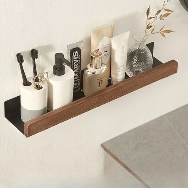 Étagère murale de salle de bain en bois massif sans perçage