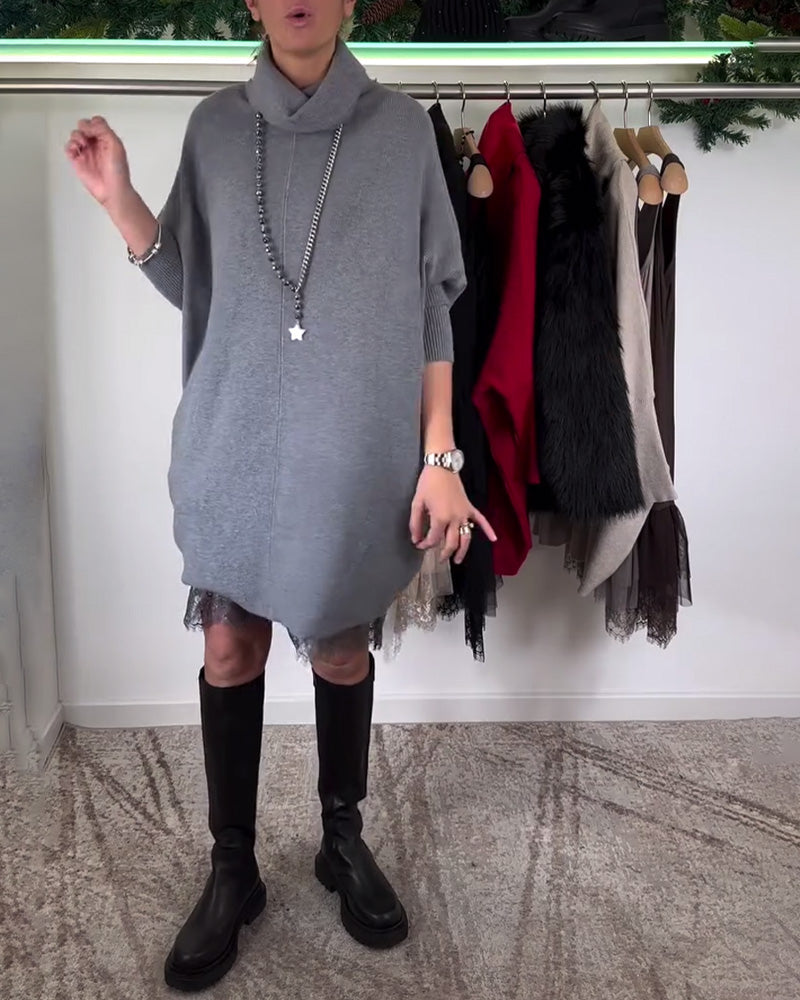 Ensemble Robe en Dentelle Maille – Bretelles, Col Haut et Manches Chauve-Souris