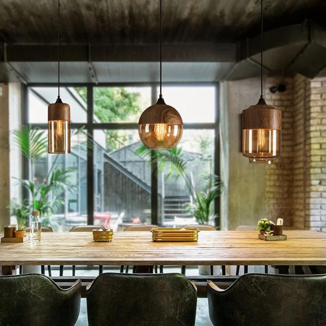 Lampe suspendue scandinave en verre aspect bois – Éclairage design chaleureux pour salon et salle à manger | Sansotis