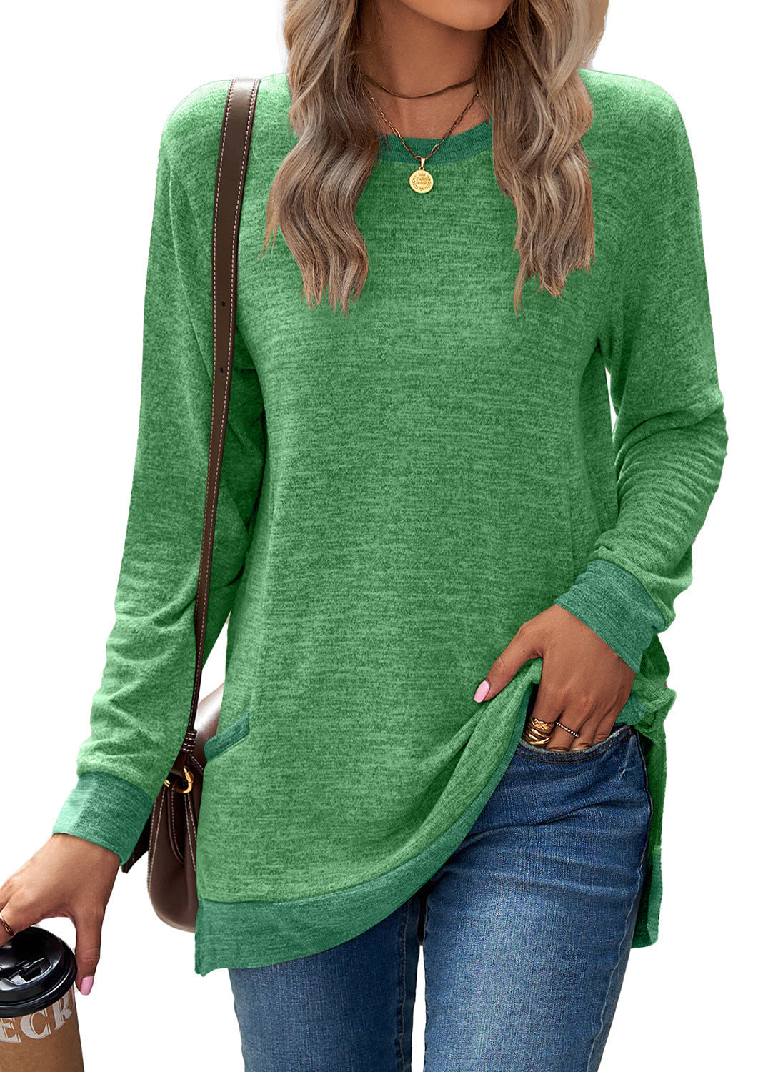 Pull doux et décontracté à manches longues pour femmes, tunique à col rond, tricot en coton et cachemire, haut mi-long avec poches pour tenue décontractée