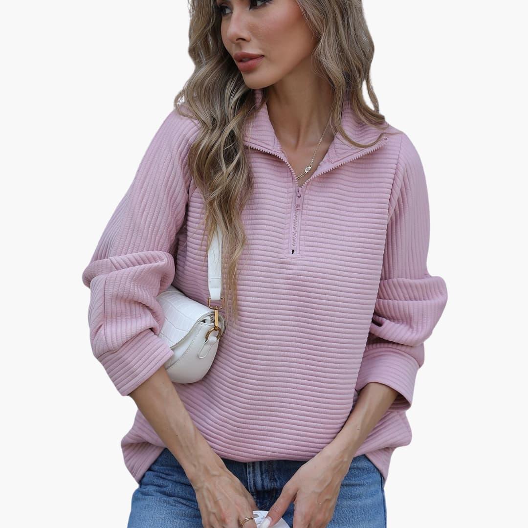 Pull Femme Demi-Zip Texture Côtelée, Coupe Ample