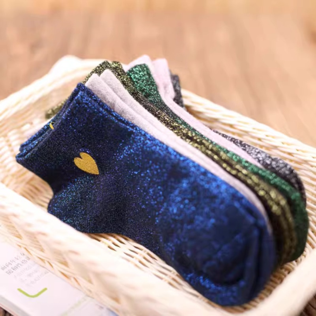Chaussettes Brillantes Femme – Broderie Cœur Doré & Fils Métalliques Étincelants