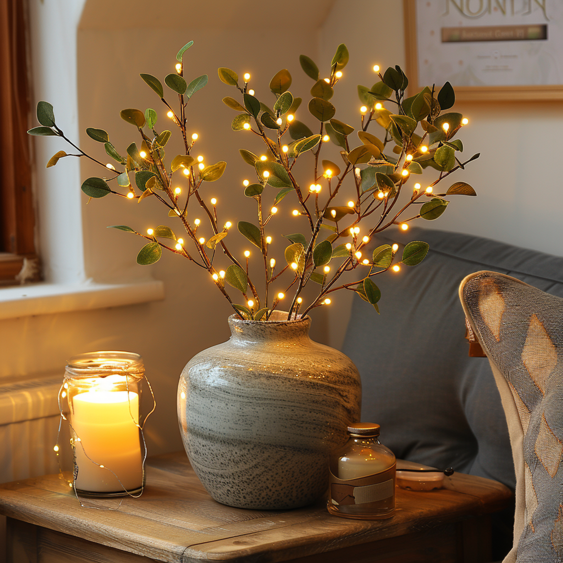 Branche lumineuse Branche d'olivier LED Blanc chaud 70 cm 120 lumières Éclairage d'ambiance Branche décorative Guirlande lumineuse Salon Chambre Batterie Noël Nature