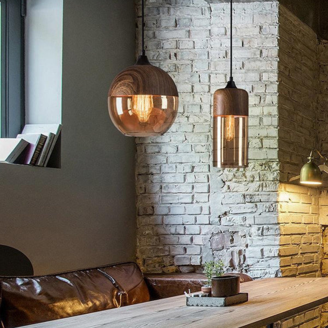 Lampe suspendue scandinave en verre aspect bois – Éclairage design chaleureux pour salon et salle à manger | Sansotis