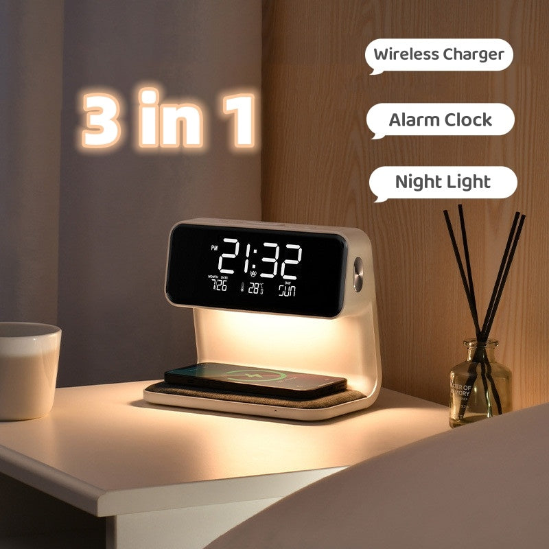 Lampe de chevet 3 en 1 avec chargeur sans fil, réveil LCD et LED à intensité variable