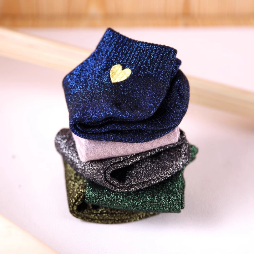Chaussettes Brillantes Femme – Broderie Cœur Doré & Fils Métalliques Étincelants