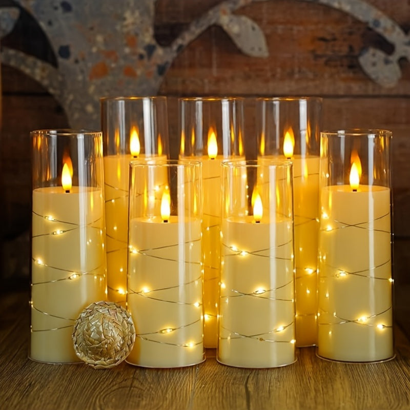 Ensemble de bougies LED sans flamme | Cylindre en verre avec guirlandes lumineuses