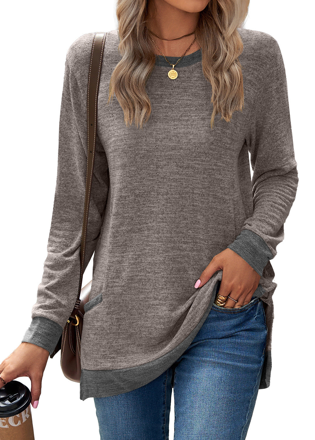 Pull doux et décontracté à manches longues pour femmes, tunique à col rond, tricot en coton et cachemire, haut mi-long avec poches pour tenue décontractée