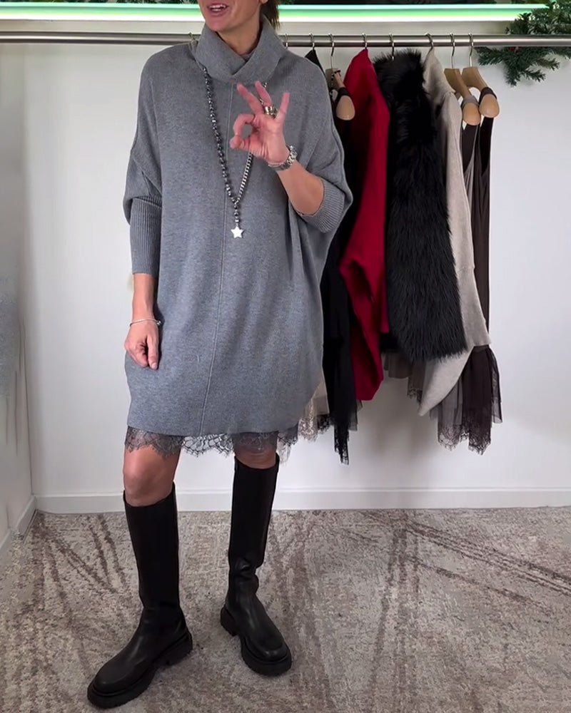 Ensemble Robe en Dentelle Maille – Bretelles, Col Haut et Manches Chauve-Souris