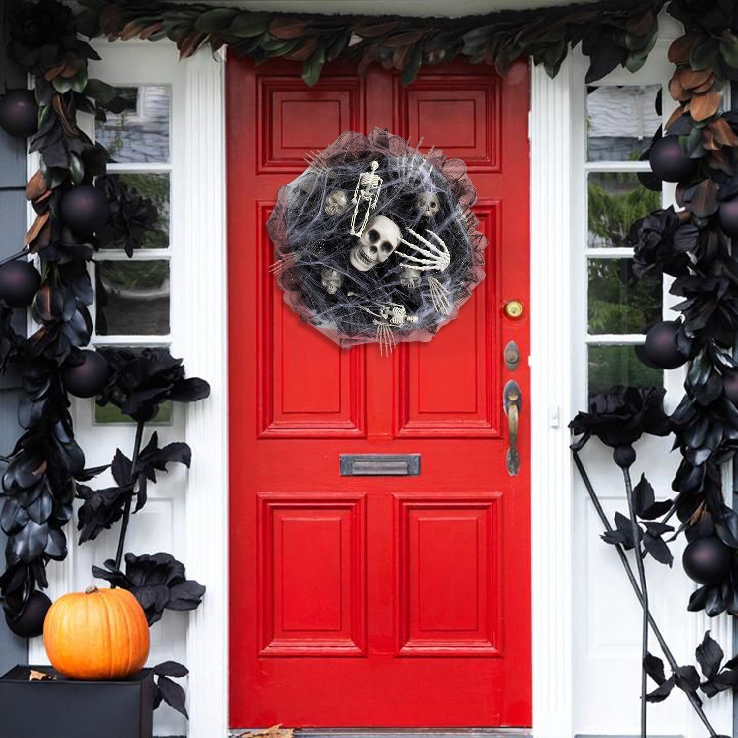 Couronne effrayante – Guirlande squelette en filet pour Halloween, décoration porte et mur (45×45×10 cm)
