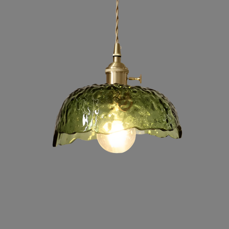 Lampe suspendue en verre vert | Luminaire en laiton ondulé