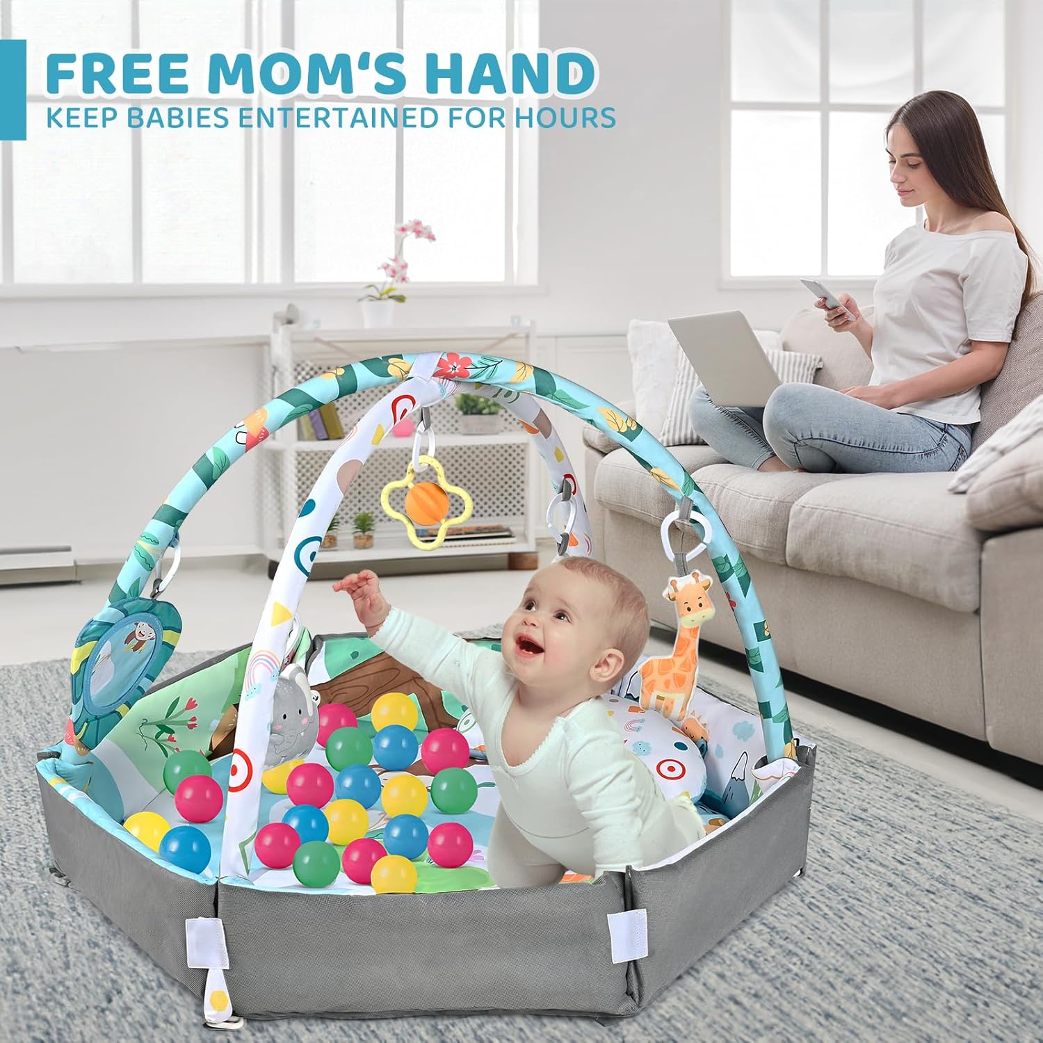 Tapis de jeu multifonction pour bébé, développement et jeu avec arches d'éveil et fosse à balles