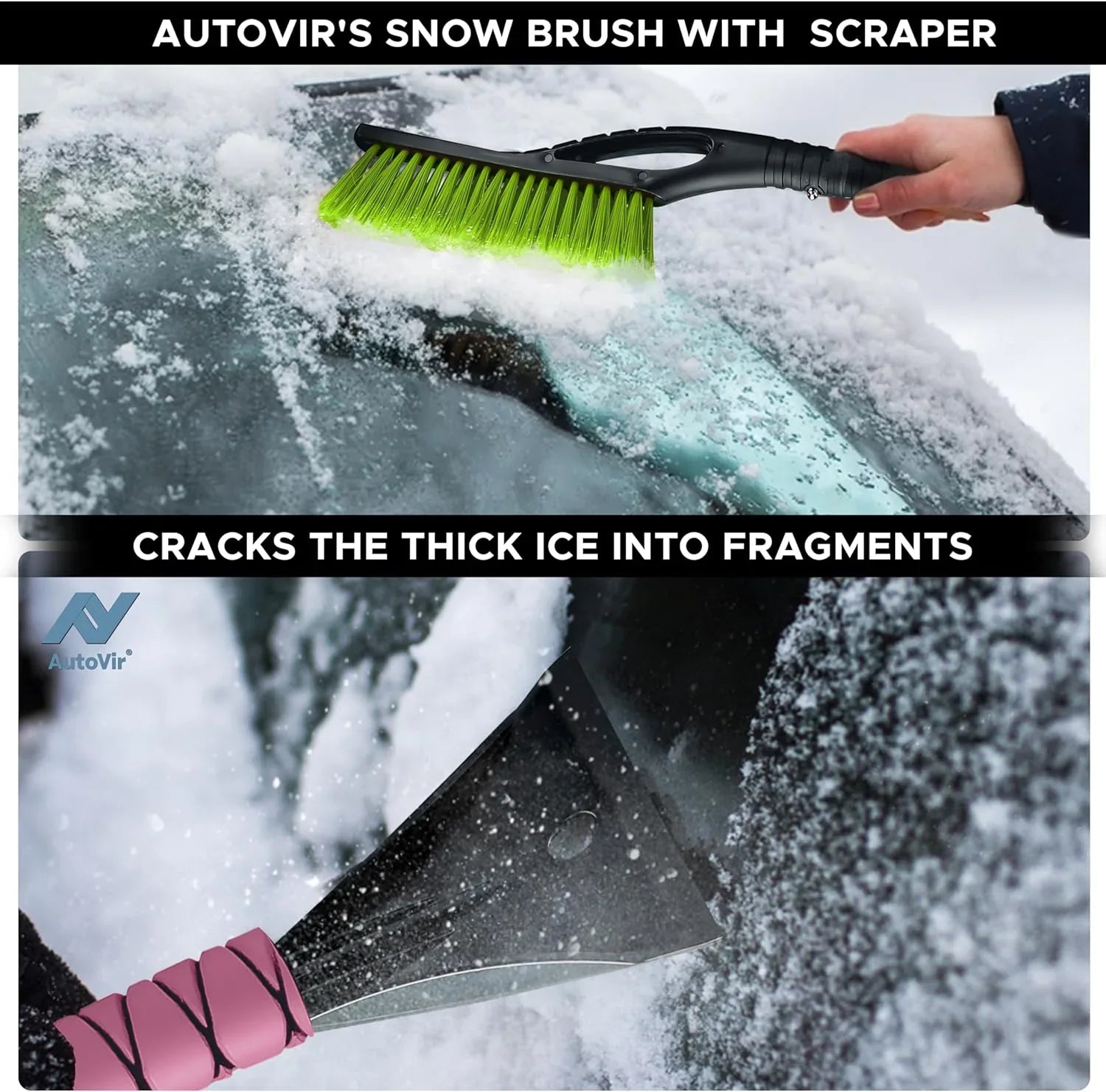 Brosse à neige & grattoir à glace 68 cm – Lot de 3 (Vert, Bleu & Rose)