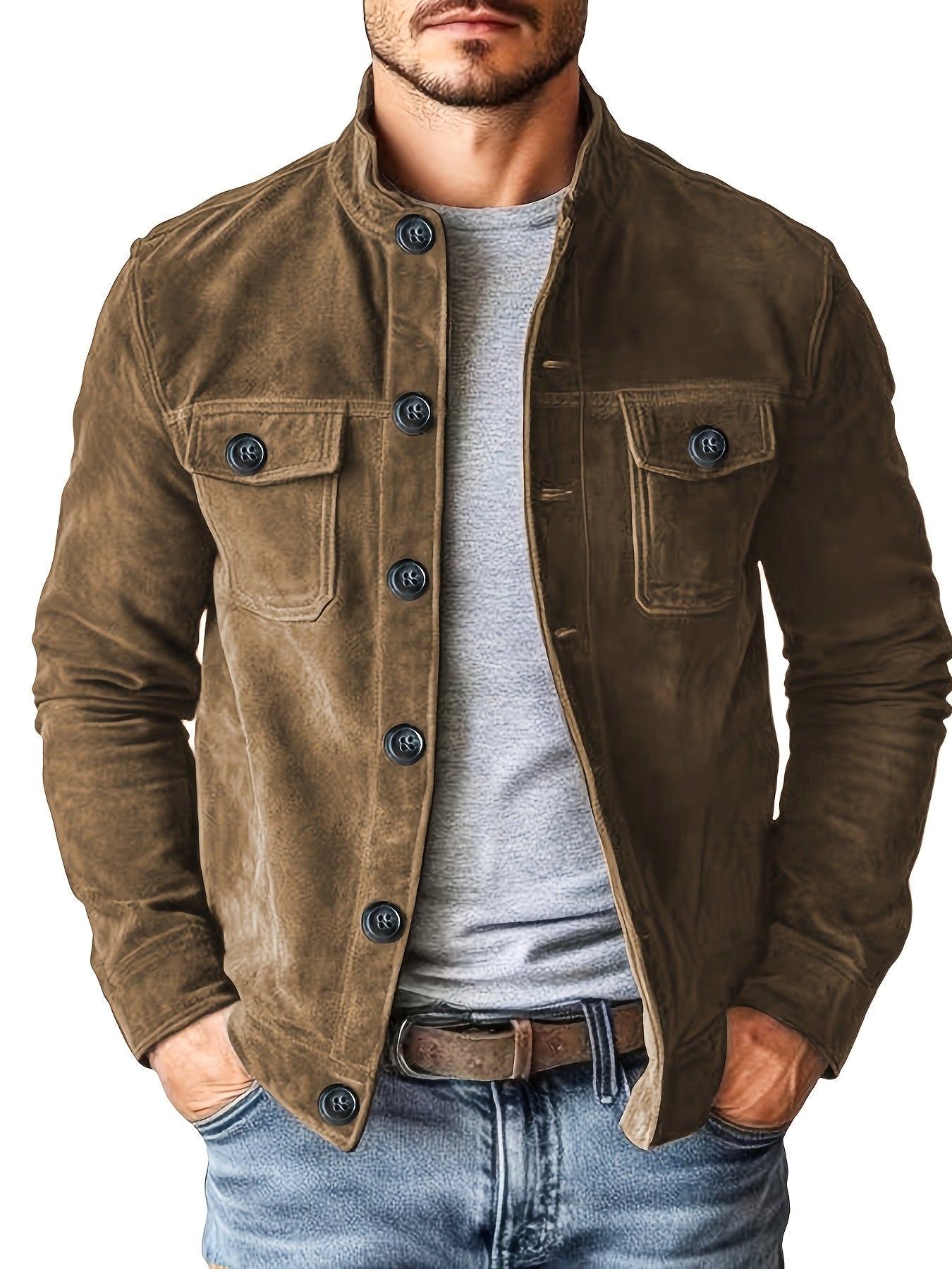 Veste décontractée pour hommes avec boutons et col montant – Veste de travail vintage pour le printemps et l'automne