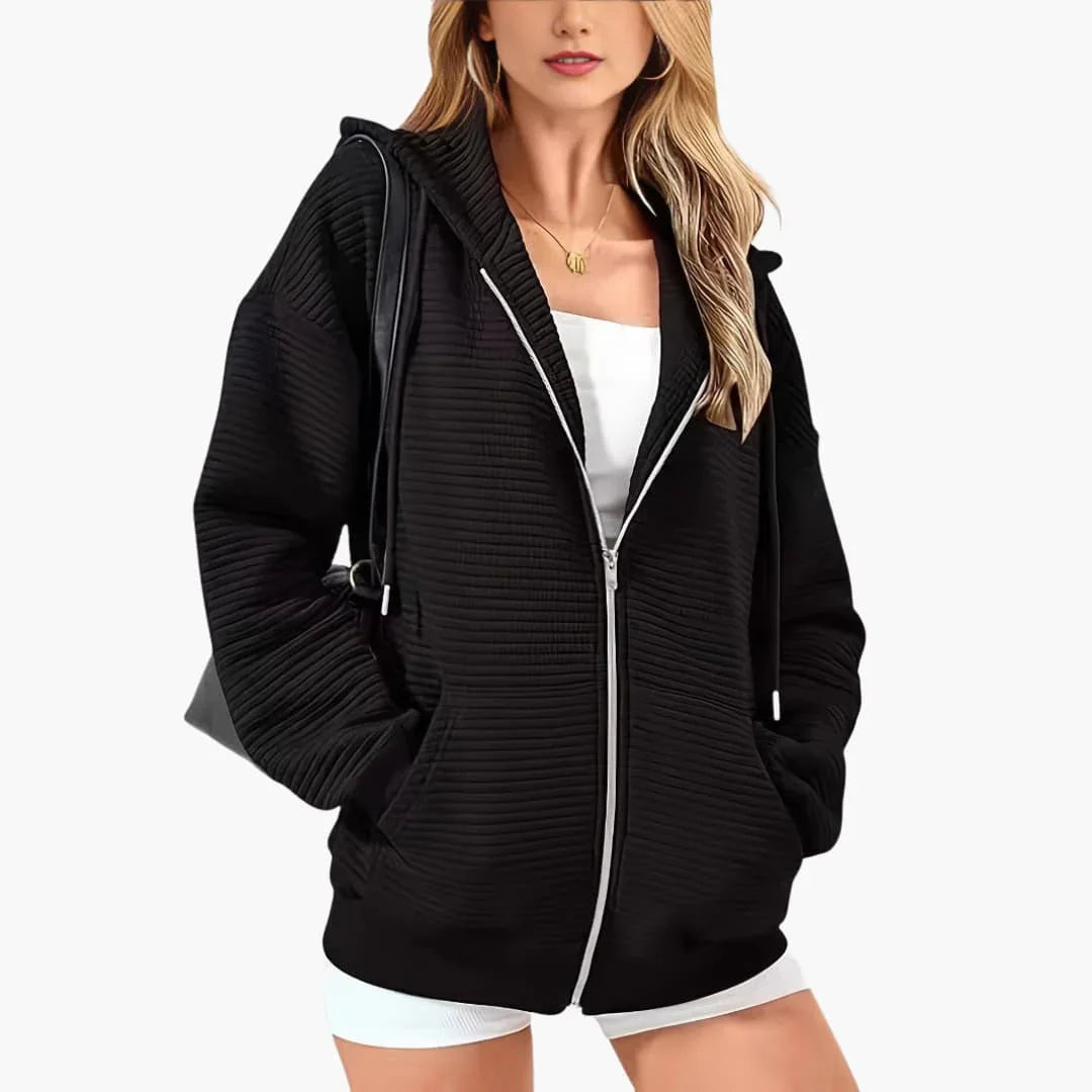 Pull Femme Demi-Zip Texture Côtelée, Coupe Ample