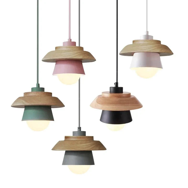 Lampe suspendue Bois Aluminium Scandinave Noir Rose Vert Gris Blanc E27 Salon Salle à manger | Sansotis