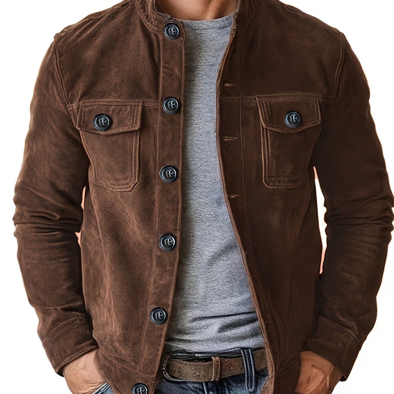 Veste décontractée pour hommes avec boutons et col montant – Veste de travail vintage pour le printemps et l'automne