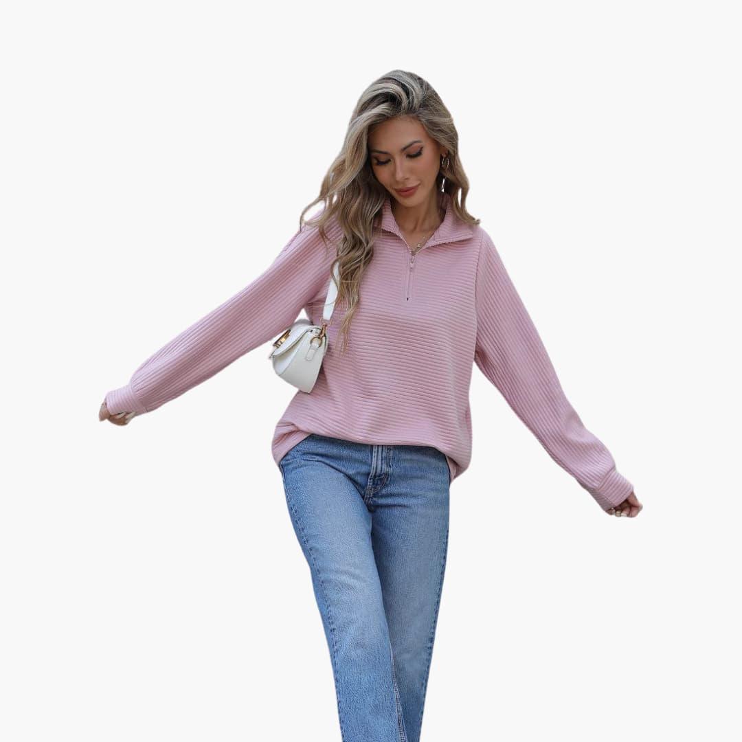 Pull Femme Demi-Zip Texture Côtelée, Coupe Ample