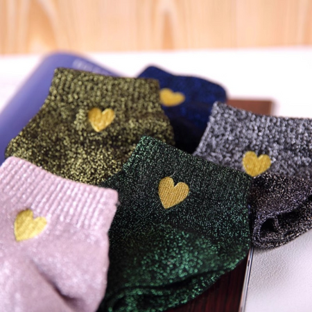 Chaussettes Brillantes Femme – Broderie Cœur Doré & Fils Métalliques Étincelants