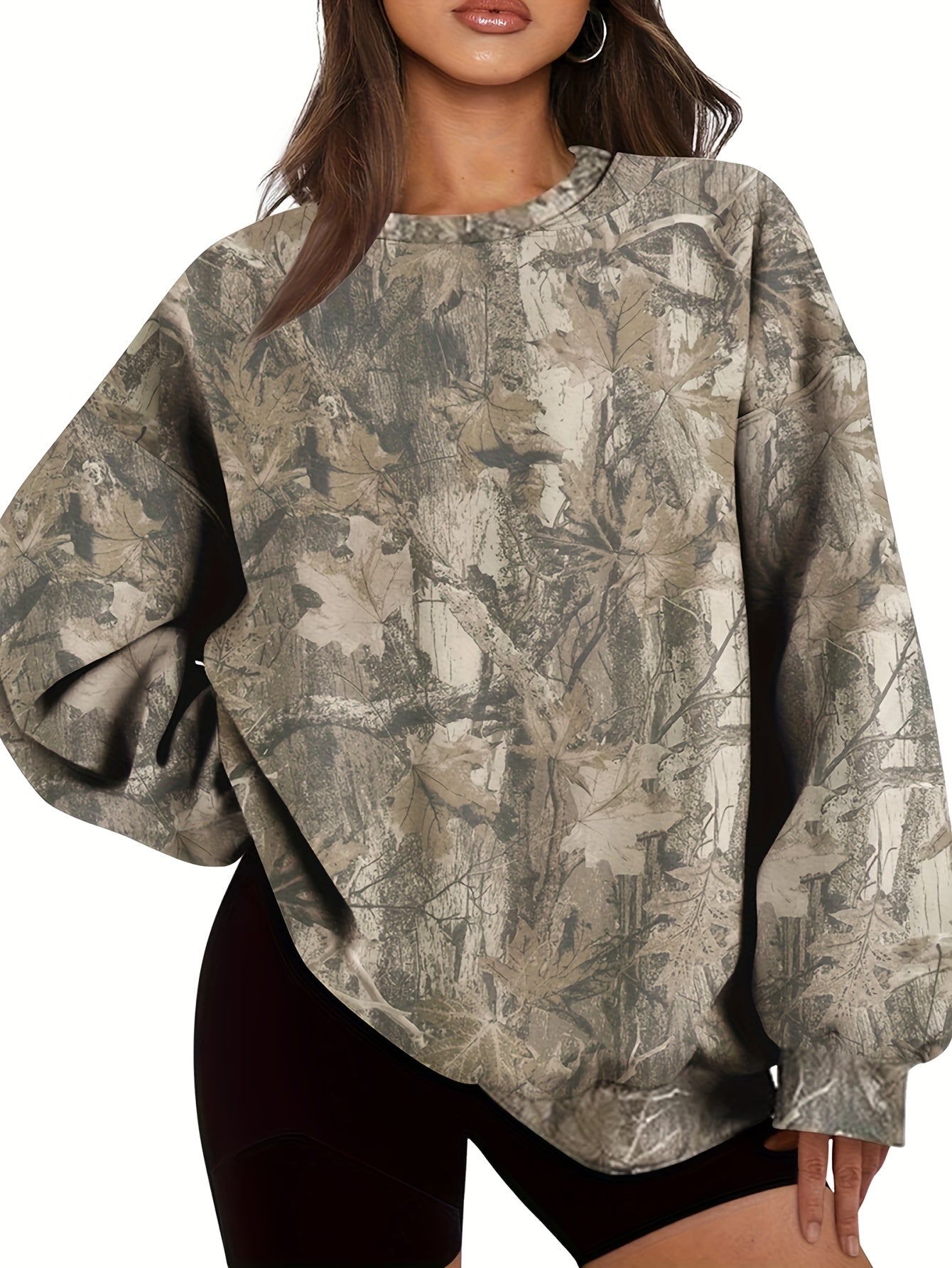 UrbanLeaf™ Sweat-shirt Oversize Camouflage pour Femme – Pull Loose à Manches Longues avec Poignets Côtelés