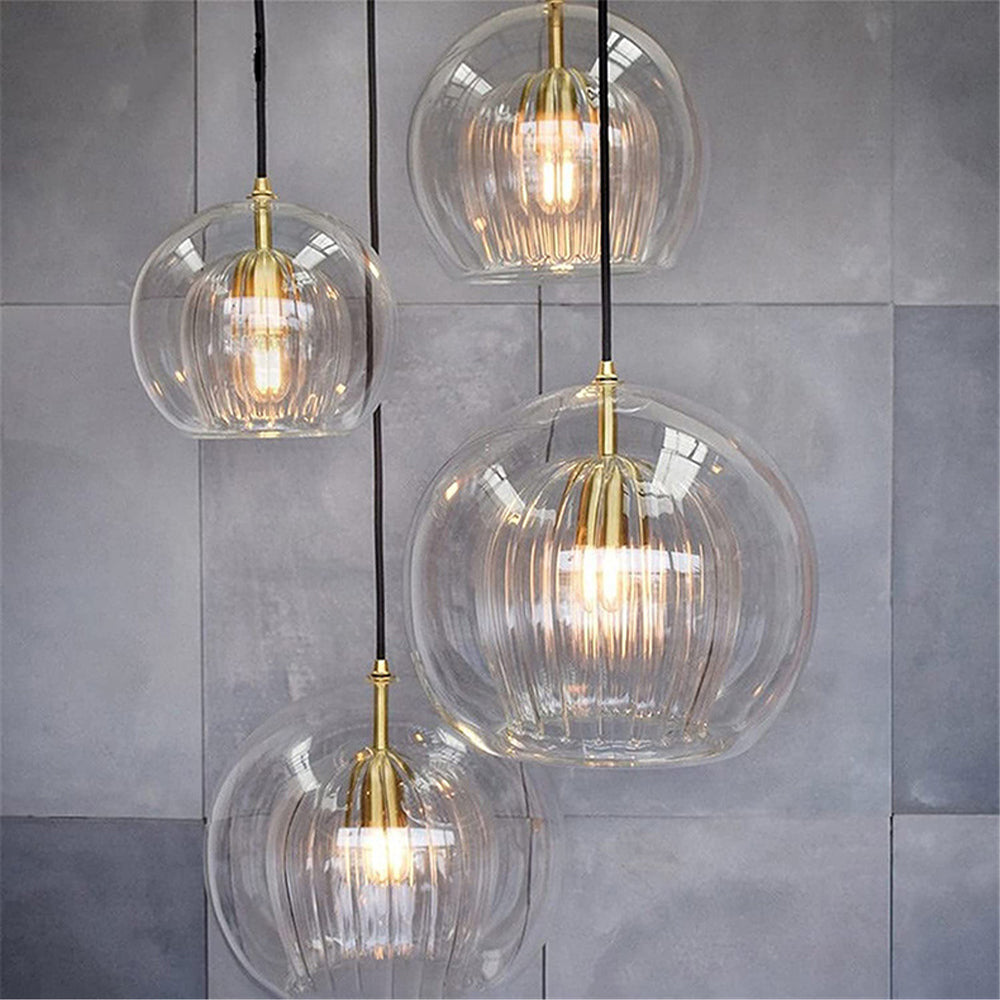 Lampe suspendue en verre moderne | Conception de globe nervuré ambre