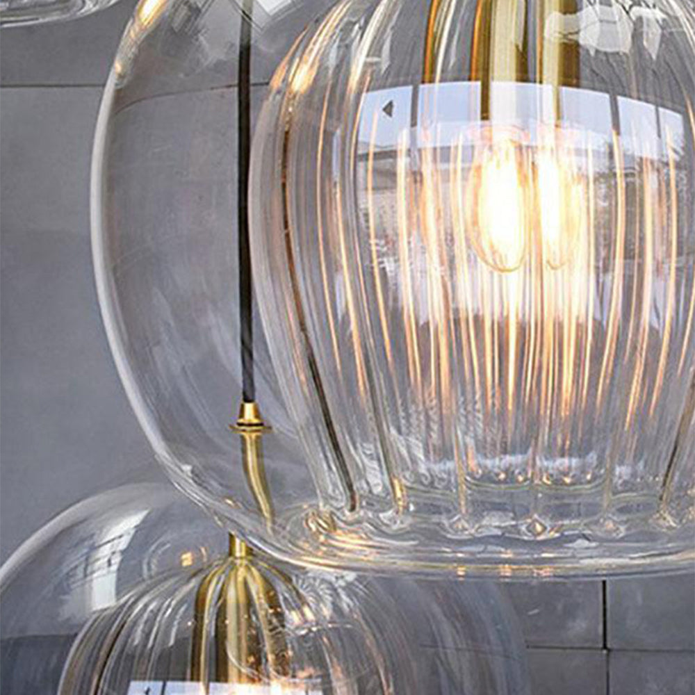 Lampe suspendue en verre moderne | Conception de globe nervuré ambre