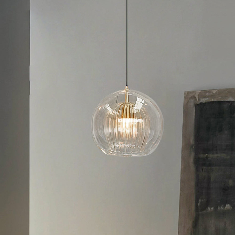Lampe suspendue en verre moderne | Conception de globe nervuré ambre