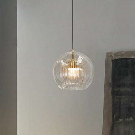 Lampe suspendue en verre moderne | Conception de globe nervuré ambre