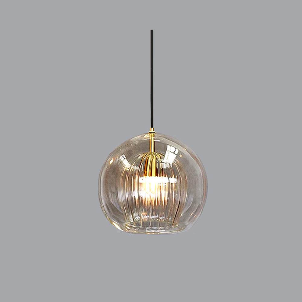 Lampe suspendue en verre moderne | Conception de globe nervuré ambre